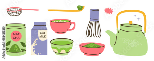 Green matcha tea tools and powder set. Cartoon flat vector illustration isolated on white. Girly matcha tea aesthetic elements set. Minimalist design.