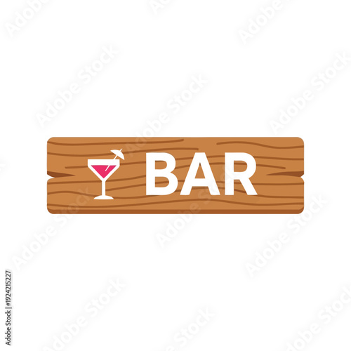 Bar sign vector clipart with cocktail glass on wooden plank for pub or restaurant decor