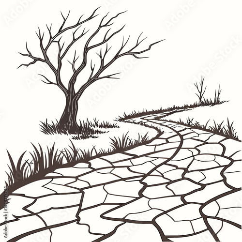 Cracked earth landscape with bare tree and grass dry land