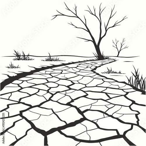 Cracked earth with bare trees and grass dry land drought 1