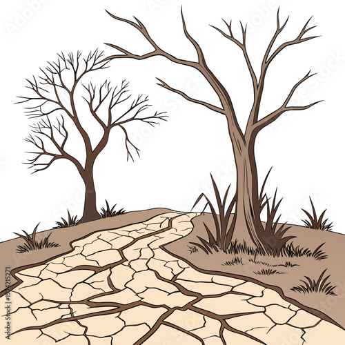 Cracked earth with bare trees and grass dry land drought