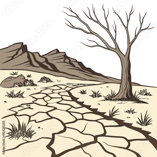 Desert landscape with cracked earth and bare tree mountain