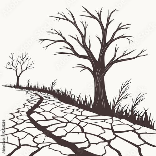 Dry cracked earth with bare trees drought