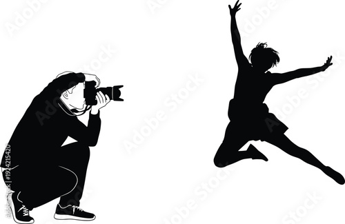 Silhouette of photographer taking of jumping girl black