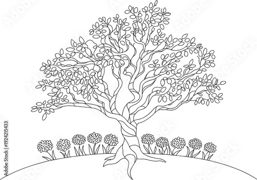Stylized tree with a sprawling canopy of leaves and intricate branches, standing tall in a field of small flowers on a gentle hill, presented in a detailed black and white line style