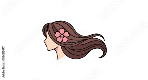 A side profile illustration of a woman with long flowing dark brown hair adorned with a pink flower on white.