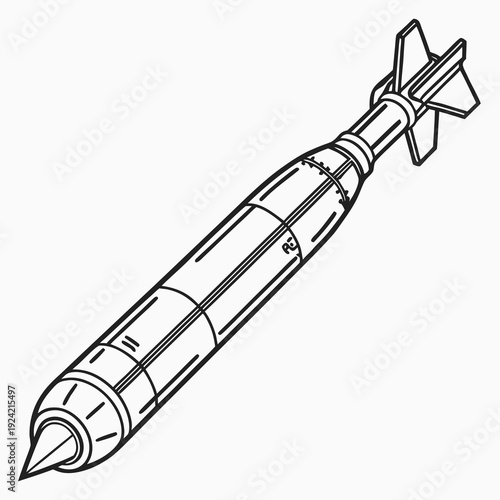 Of a long cylindrical missile with fins rocket pointed tip
