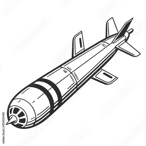 Black and white of a compact torpedo with fins missile