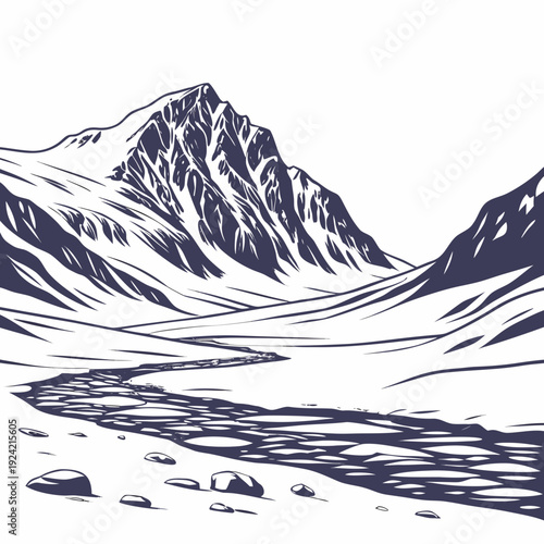 Glacier landscape with snow covered mountains and frozen river