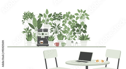 A white cafe interior features a shelf filled with potted green plants and an espresso machine behind a table.