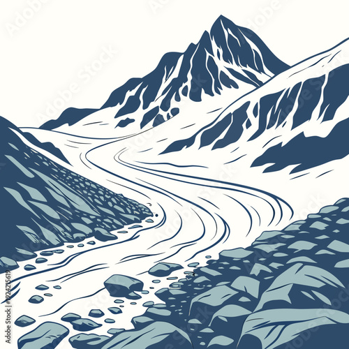 Glacier movement in mountain valley with rocky terrain