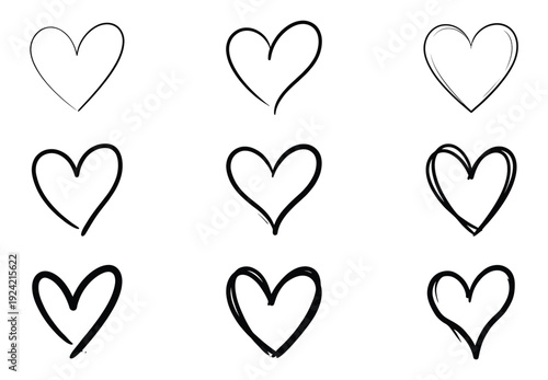 Heart icon collection in hand drawn outline style, love, romance, emotion, affection, and passion