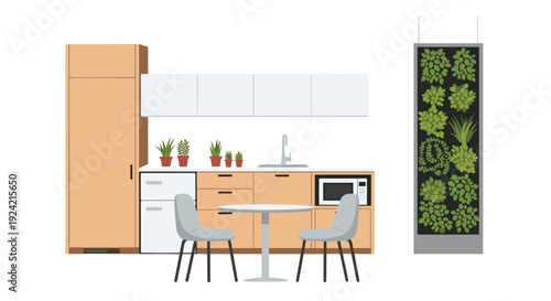 A modern kitchen with light wood cabinets and a white countertop features a dining table and a vertical plant wall.
