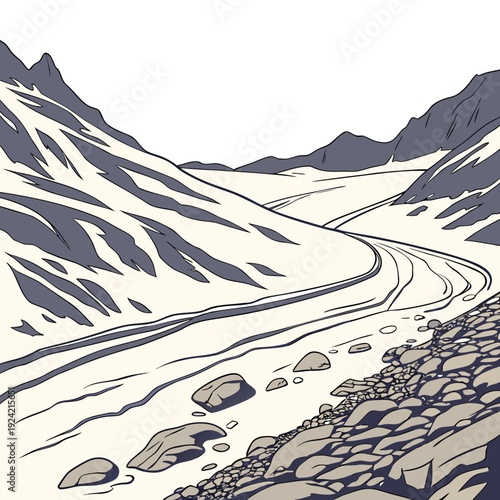 Of snowy mountain landscape with rocky shoreline snowy mountains