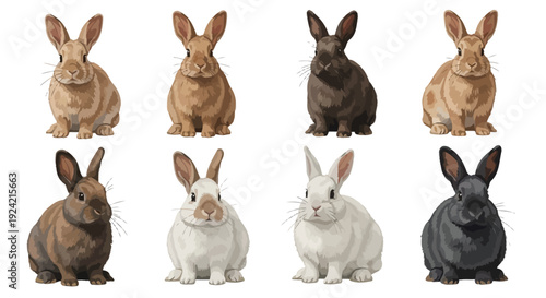 A collection of eight rabbits in varying colors and poses
