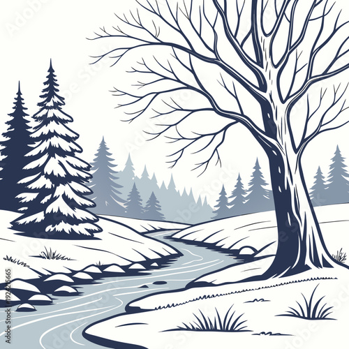 Frozen landscape with bare tree and evergreen trees by a stream