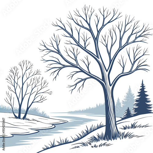 Frozen landscape with bare trees and icy stream winter