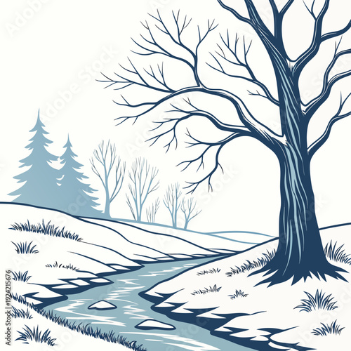 Frozen landscape with bare tree and stream winter snow