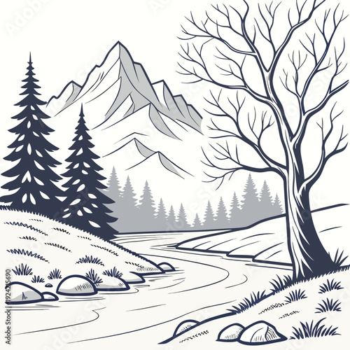 Frozen mountain landscape with trees and road winter