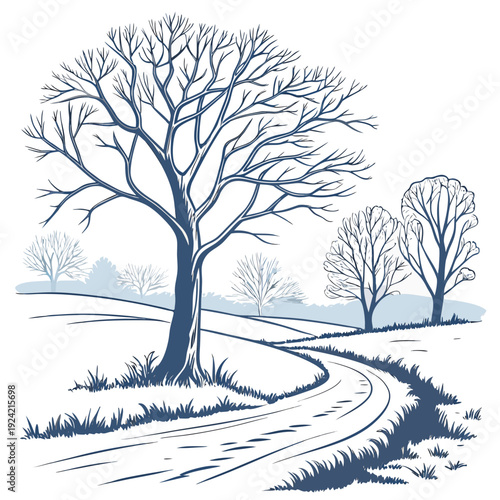 Frozen landscape with bare trees and winding road winter