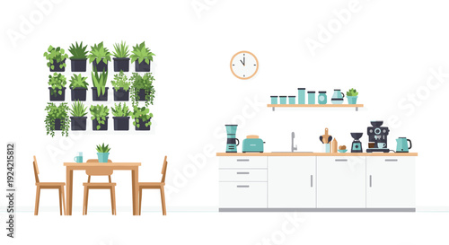 A wooden dining table and three chairs sit next to a white kitchen counter with teal appliances and a large vertical wall garden.