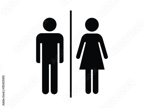Minimalist black pictograms of a man and a woman standing next to each other, representing gender, people, and public facilities.