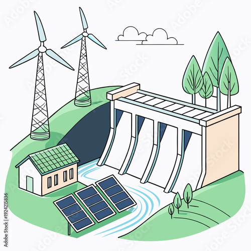 Sustainable energy production with wind turbines solar panels and hydroelectric dam