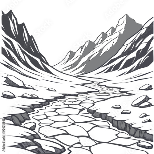 Monochrome of ancient glacier landscape with rocky terrain