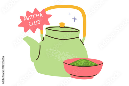 Matcha tea powder with teapot for matcha lover's club. Vector illustration in cartoon flat style. Green drink clipart isolated on transparent background.