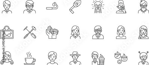 Thin line outline icons set of people health symptoms medical care daily habits professions emotions personal routine and human activities