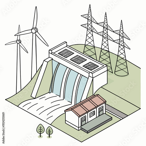 Sustainable energy infrastructure with wind turbines hydroelectric dam and power lines