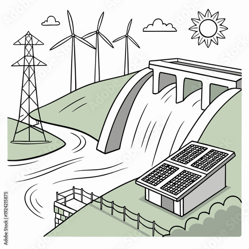 Sustainable energy production with solar panels hydroelectric dam and wind turbines 1