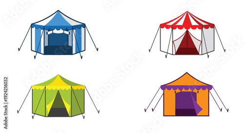 Four colorful tents with distinct designs and color schemes are displayed