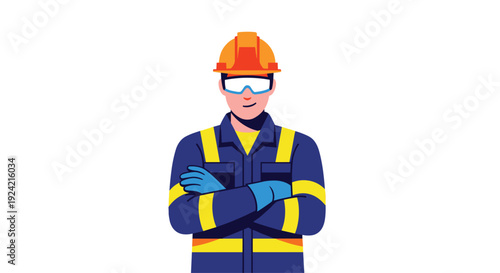 A male industrial worker in a blue reflective uniform and orange hard hat stands with arms crossed while wearing protective safety goggles.