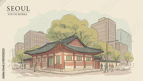 Traditional Korean Hanok House in Modern Seoul Cityscape.
