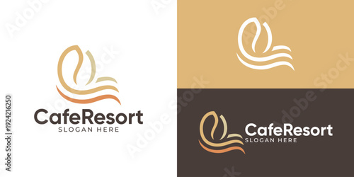 Creative simple cafe resort logo template. Coffee bean with wave, coffee sun logo design vector illustration.