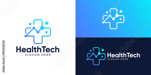 Creative simple health tech logo template. Modern cross health with pixel connection logo design vector illustration.
