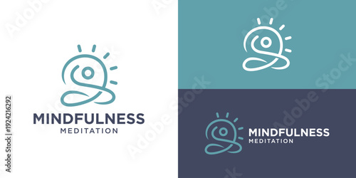 Creative simple mindfulness logo template. Abstract people meditation with sun, wellness spa logo design vector illustration.