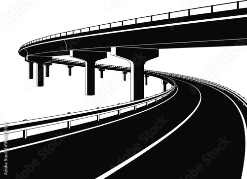 Curved highway overpass interchange silhouette in black and white vector illustration, modern elevated road infrastructure isolated on light background for transportation design