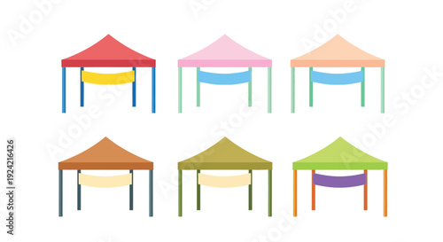 Colorful market tents illustrated in a simple flat design style