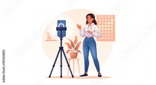 Woman recording video on smartphone tripod vlogging live streaming social media influencer indoor setting with plant and calendar