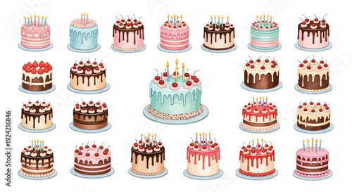 Collection of colorful decorated birthday cakes with lit candles displayed