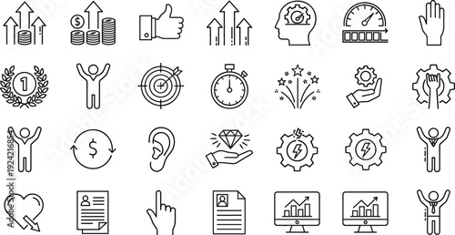 Thin outline icons collection of success growth achievement motivation goals business performance intelligence awards time management and victory symbols