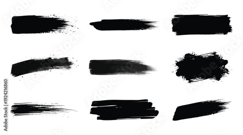 Brush stroke icon set in grunge monochrome style, dynamic sweeps, textured splatters, irregular marks, bold streaks, and drip effects