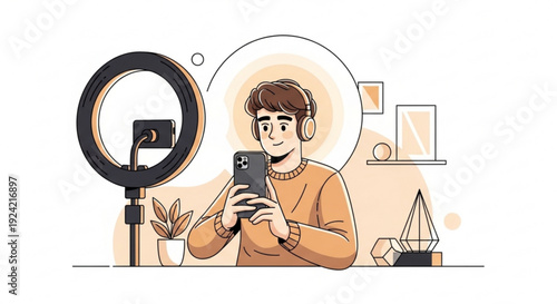 Young man recording himself with smartphone and ring light in modern home setup for social media content creation