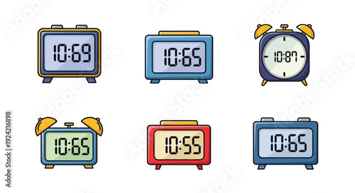 Colorful digital and traditional alarm clocks displaying similar times