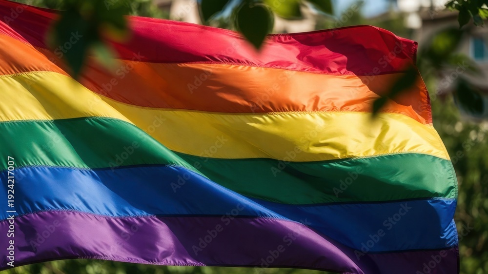 Fototapeta premium Vibrant rainbow flag waving in sunlit outdoor setting.