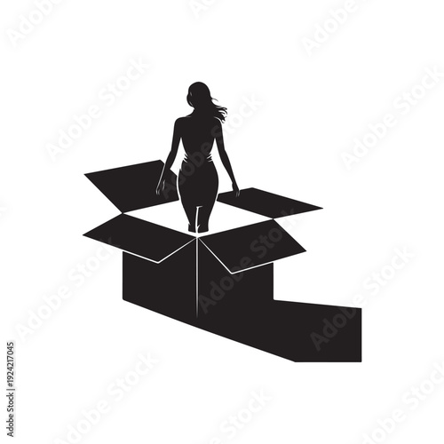 Silhouette of a woman emerging from an open cardboard box with its flaps extended outwards against a stark white background