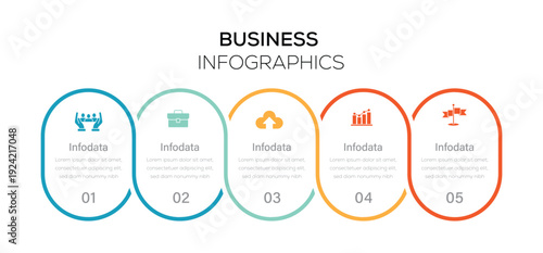 Business data visualisation. Timeline with 5 steps, number, options. 