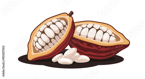 Two halved cocoa pods showing white internal seeds with a pile of loose beans in the foreground on a white background.